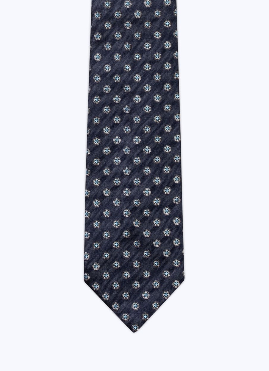 Ties | De Fursac Silk Satin Tie With Pattern Navy Blue - Fancy Jacquard Micro-Design