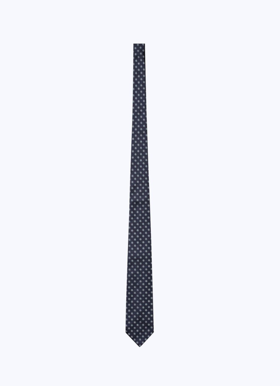 Ties | De Fursac Silk Satin Tie With Pattern Navy Blue - Fancy Jacquard Micro-Design