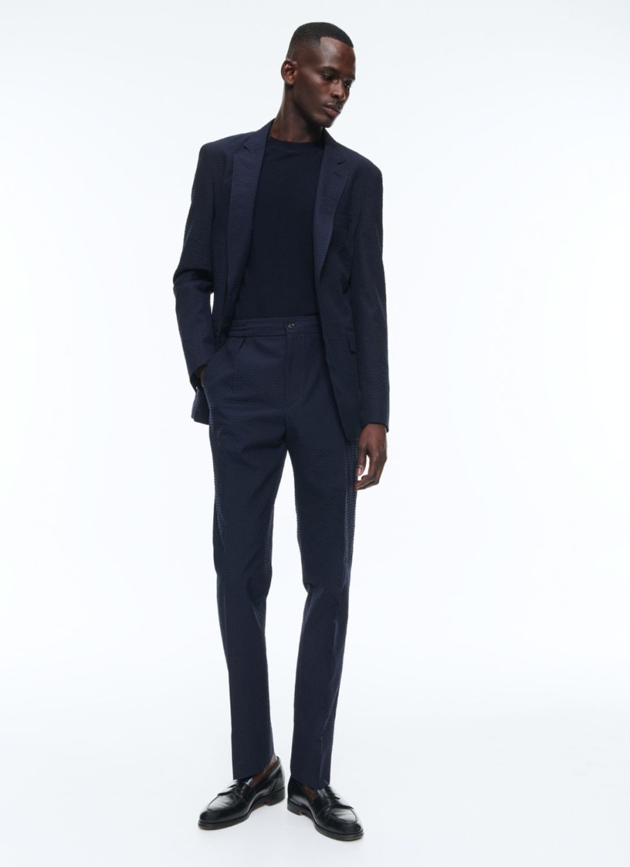 Suits | De Fursac Wool And Cotton Seersucker Suit Navy Blue - Tone On Tone Gingham Pattern