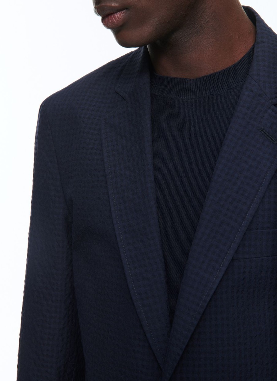 Suits | De Fursac Wool And Cotton Seersucker Suit Navy Blue - Tone On Tone Gingham Pattern