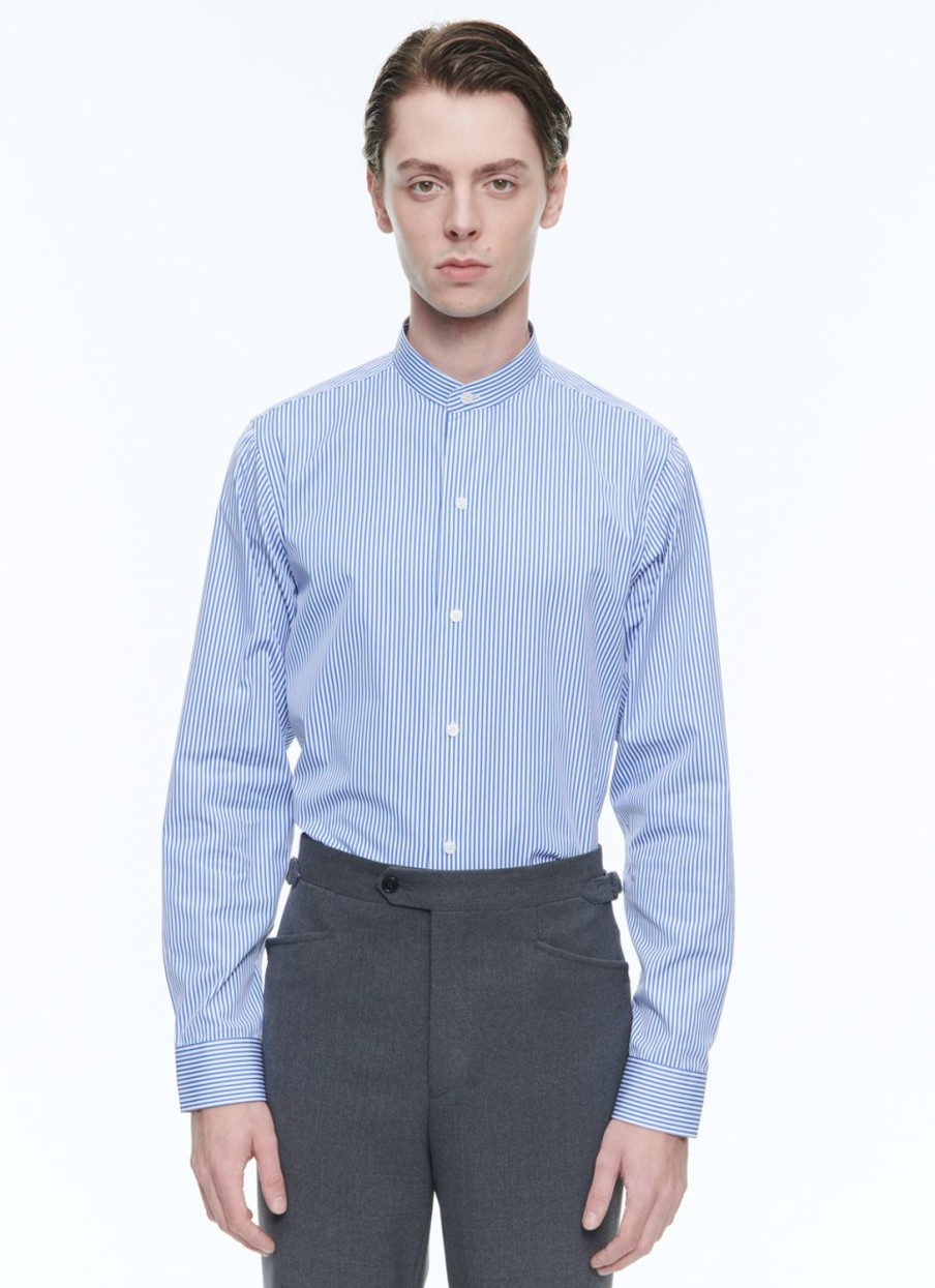 Shirts | De Fursac Striped Cotton Grandad Collar Shirt White - Blue Stripes