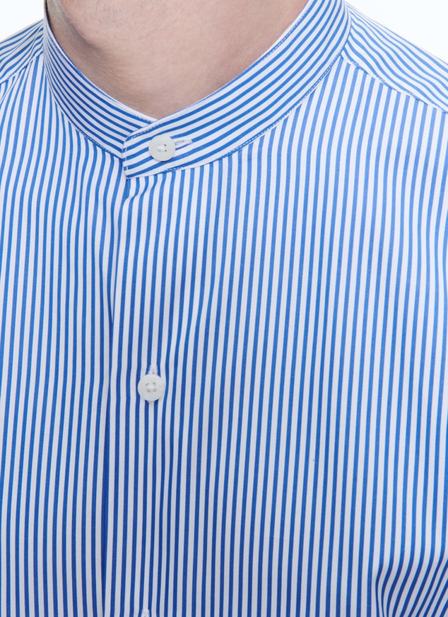 Shirts | De Fursac Striped Cotton Grandad Collar Shirt White - Blue Stripes