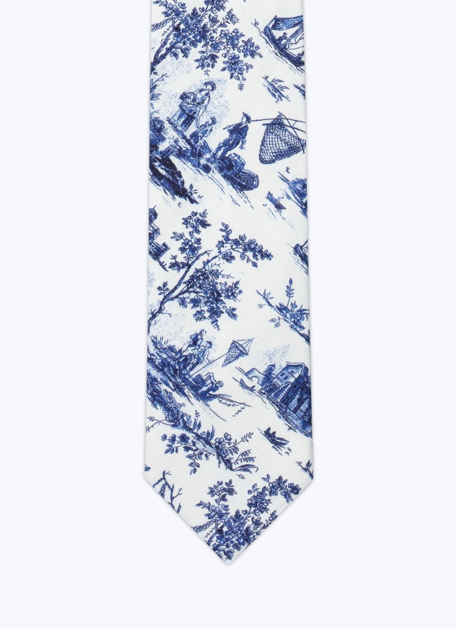 Ties | De Fursac Cotton Toile De Jouy Tie Blue Toile De Jouy Print