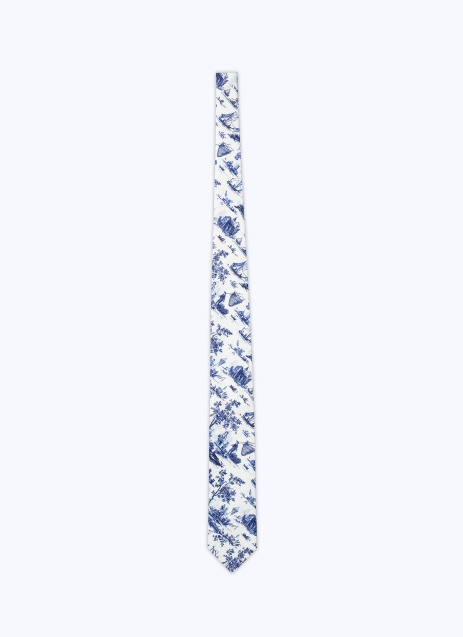 Ties | De Fursac Cotton Toile De Jouy Tie Blue Toile De Jouy Print