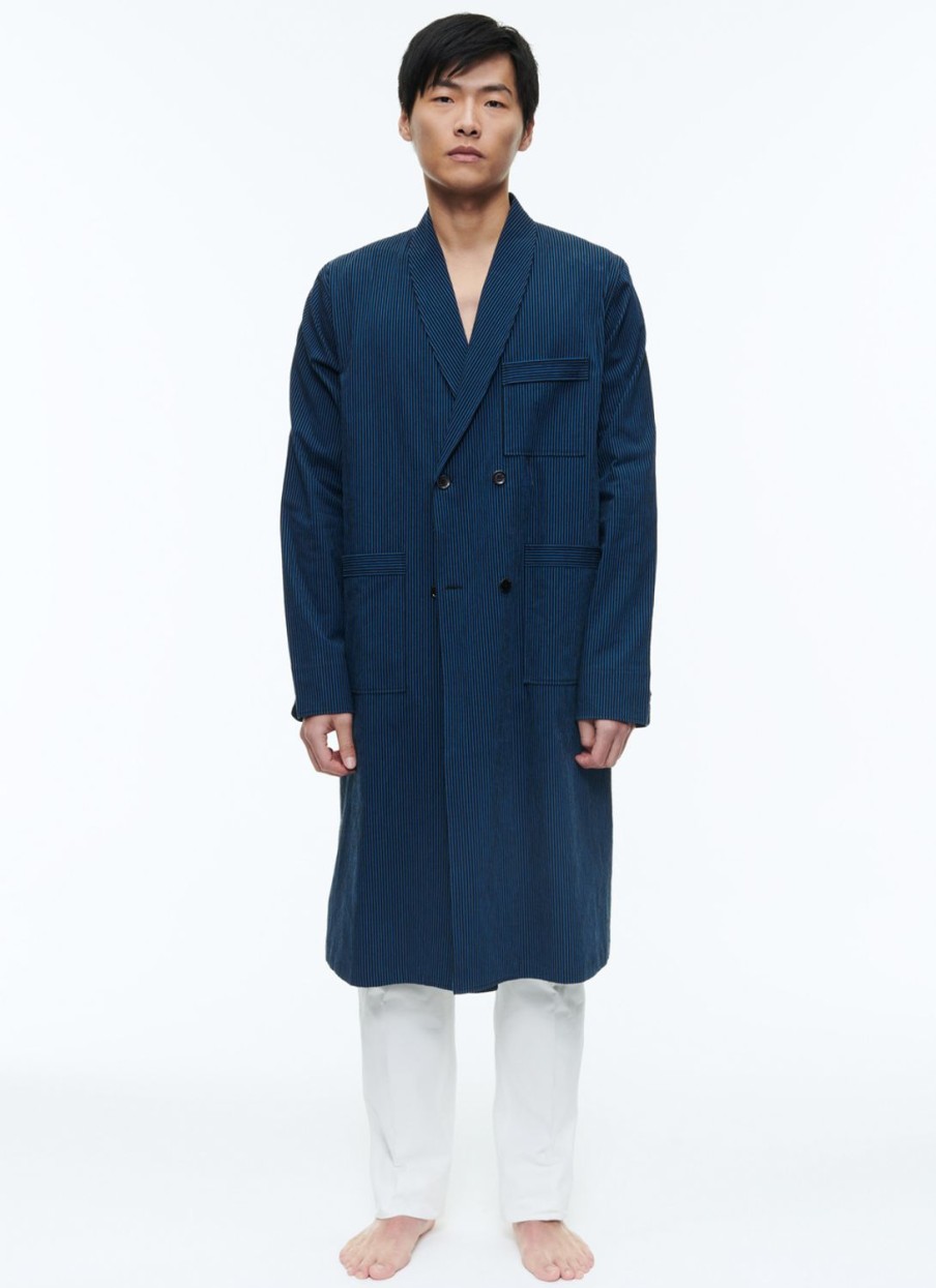 Homewear | De Fursac Seersucker Dressing Gown Shirt With Stripes Navy Blue - Navy Blue And Black Stripes