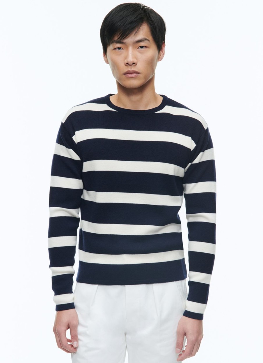 Sweaters | De Fursac Certified Wool Sweater With Stripes Ecru And Navy Blue Stripes