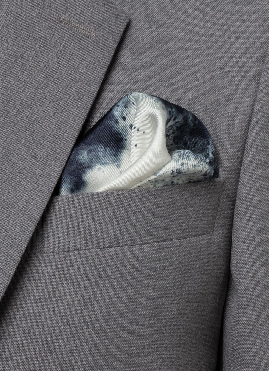 Pocket Squares | De Fursac Printed Silk Twill Pocket Square White - Navy Blue Stain Print