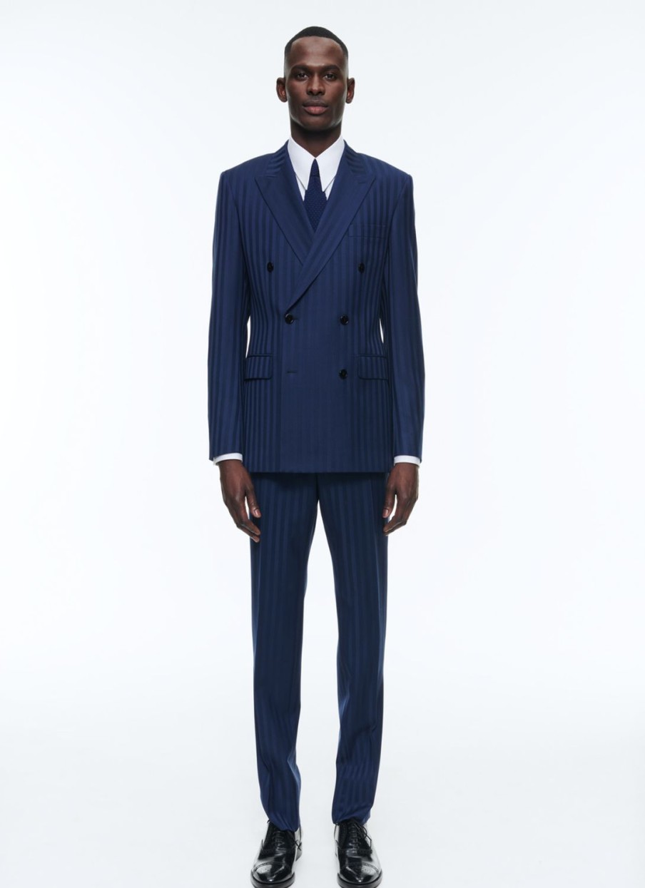 Suits | De Fursac Wool Double-Breasted Striped Suit Blue - Tone On Tone Large Stripes