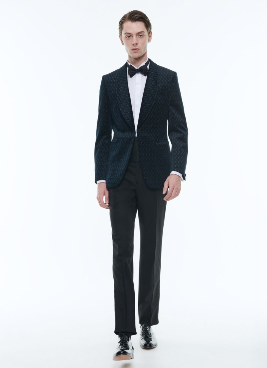 Tuxedos | De Fursac Velvet Shawl Collar Tuxedo Carbon Blue - Peacock Feather Pattern