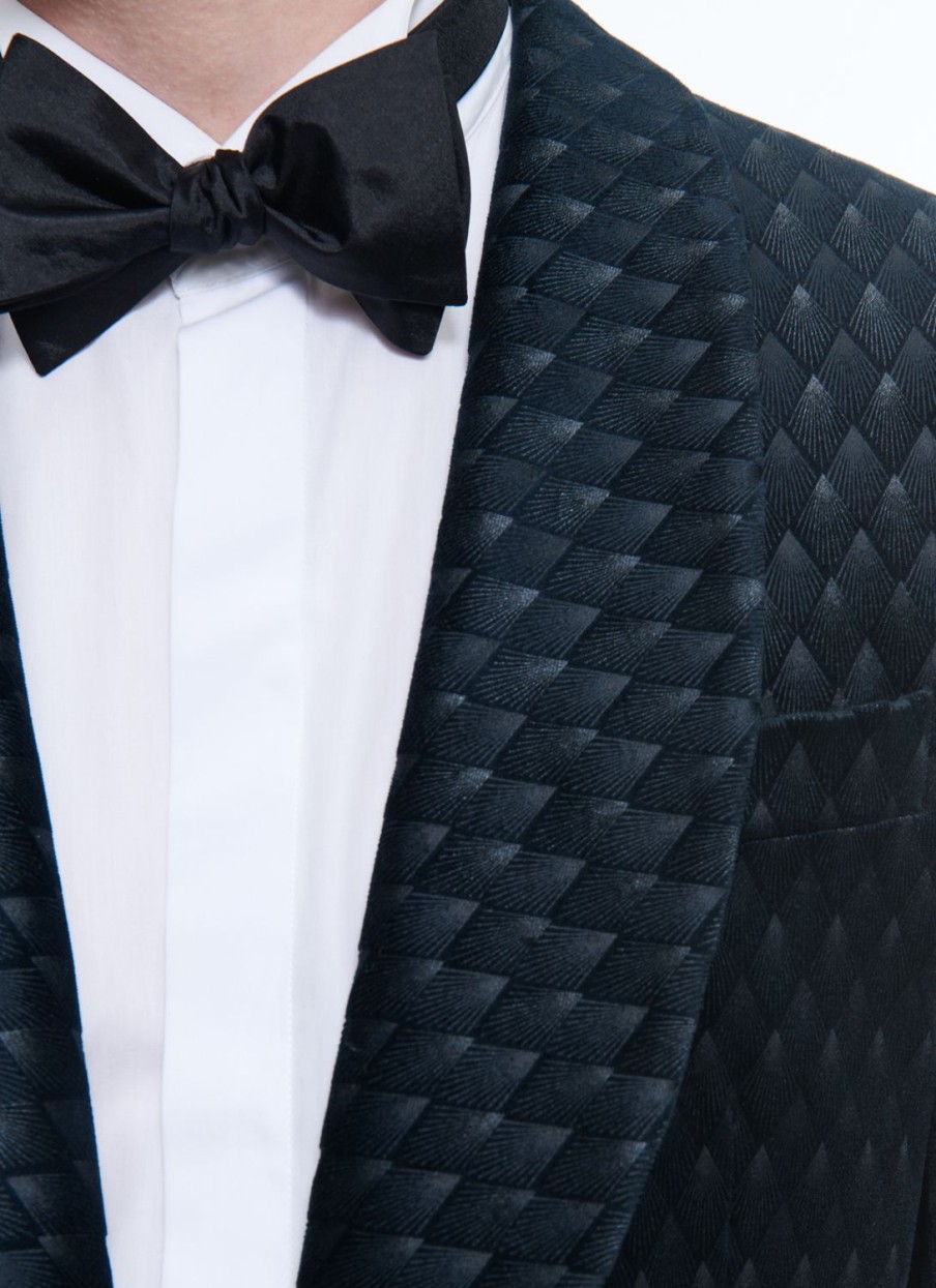 Tuxedos | De Fursac Velvet Shawl Collar Tuxedo Carbon Blue - Peacock Feather Pattern