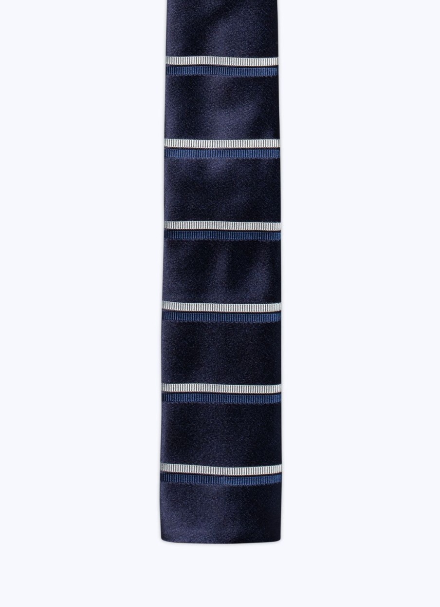 Ties | De Fursac Silk Satin Tie With Stripes Navy Blue - White And Blue Double Stripes