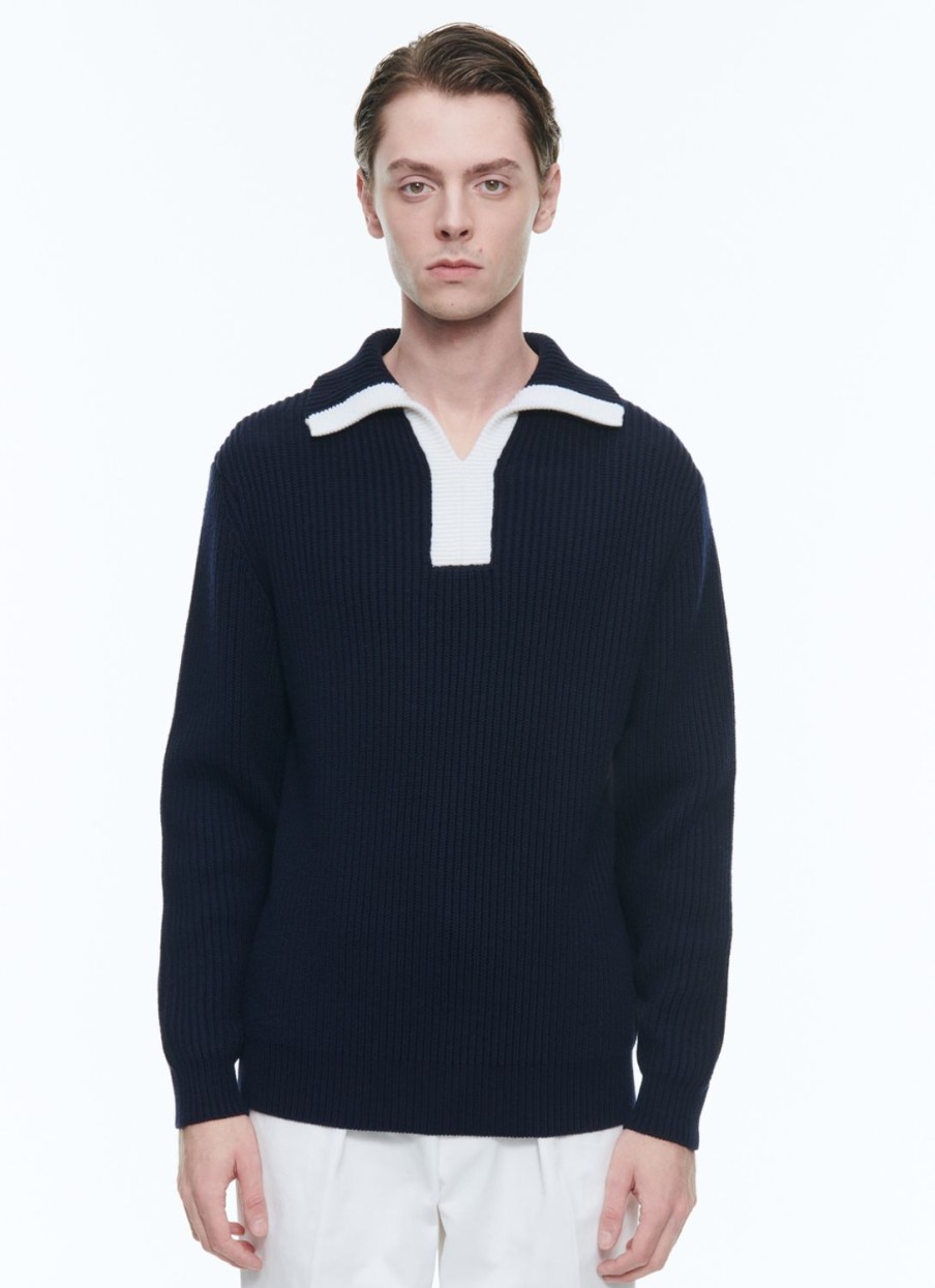 Sweaters | De Fursac Cotton And Wool Zip-Neck Sweater Navy Blue - White Collar