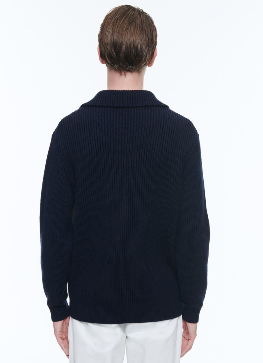 Sweaters | De Fursac Cotton And Wool Zip-Neck Sweater Navy Blue - White Collar