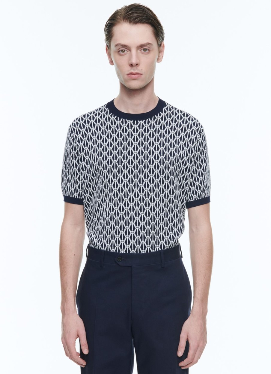 Polos & T-Shirts | De Fursac Cotton Mesh T-Shirt With Pattern Navy Blue - Ropes Pattern