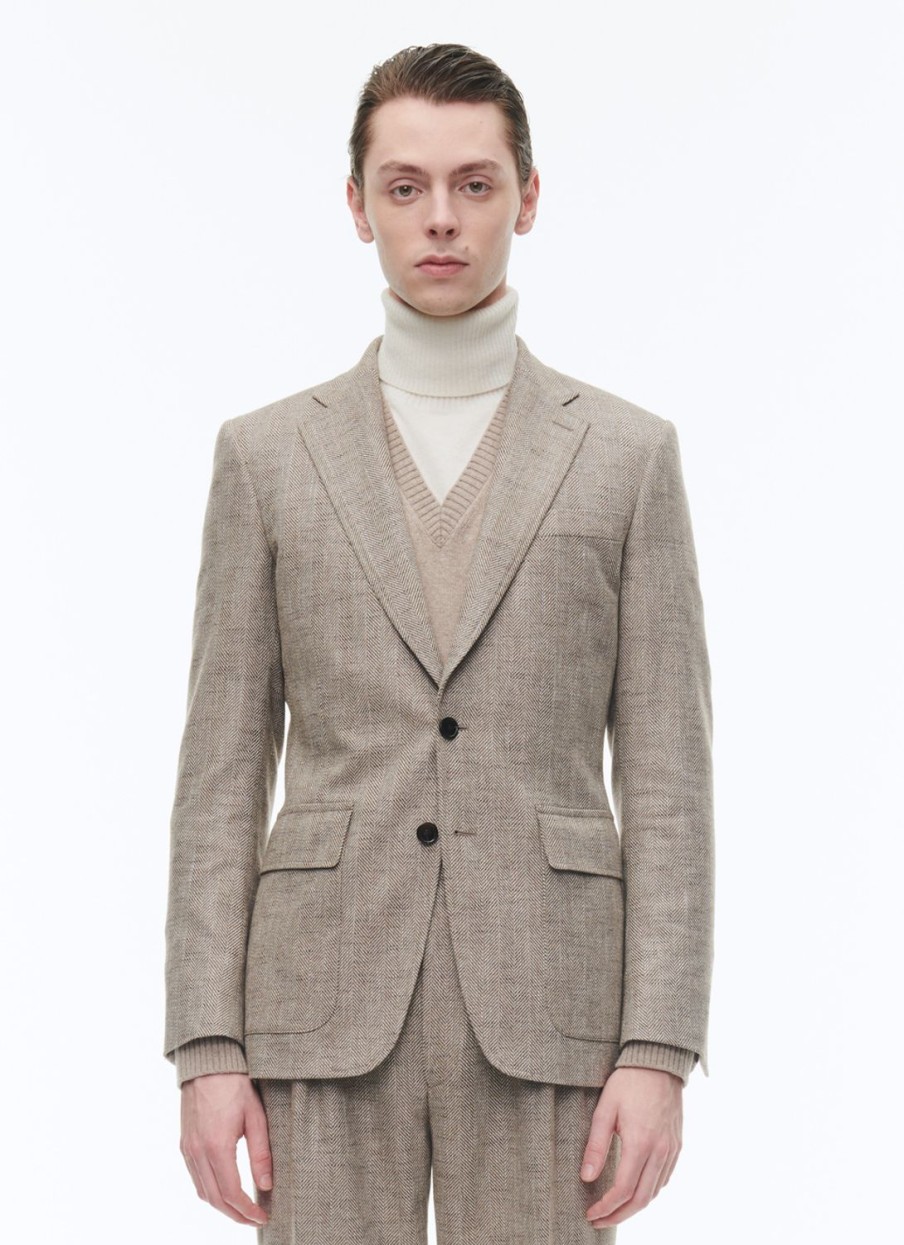 Blazers | De Fursac Wool Fitted Jacket With Herringbone String-Like Beige - Herringbone Pattern