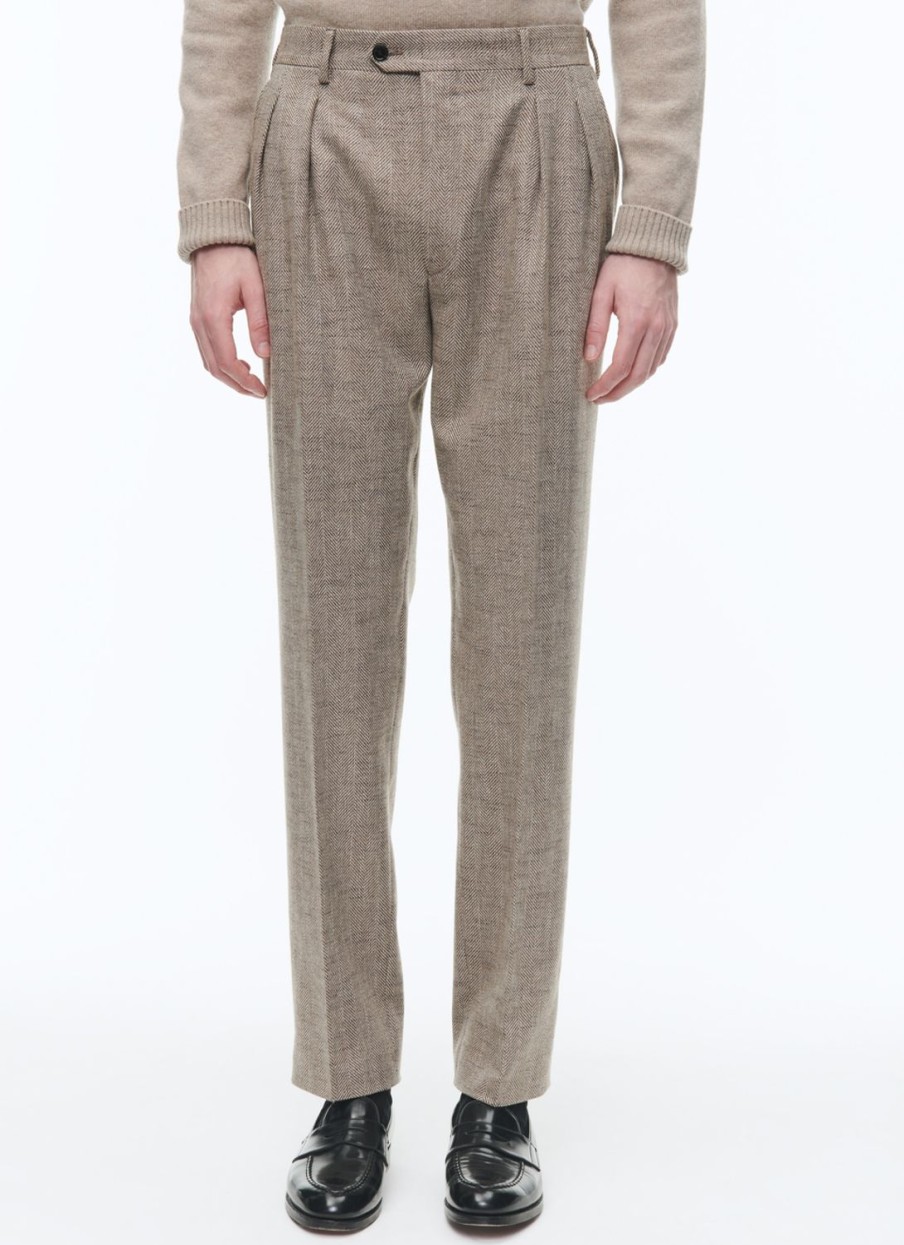 Trousers | De Fursac Wool Straight Trousers With Herringbone String-Like Beige - Herringbone Pattern