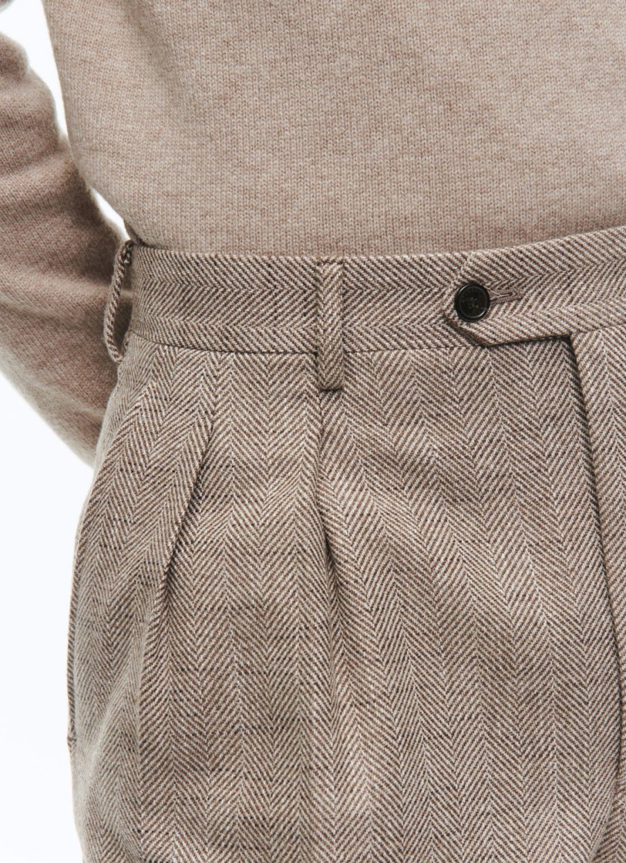 Trousers | De Fursac Wool Straight Trousers With Herringbone String-Like Beige - Herringbone Pattern