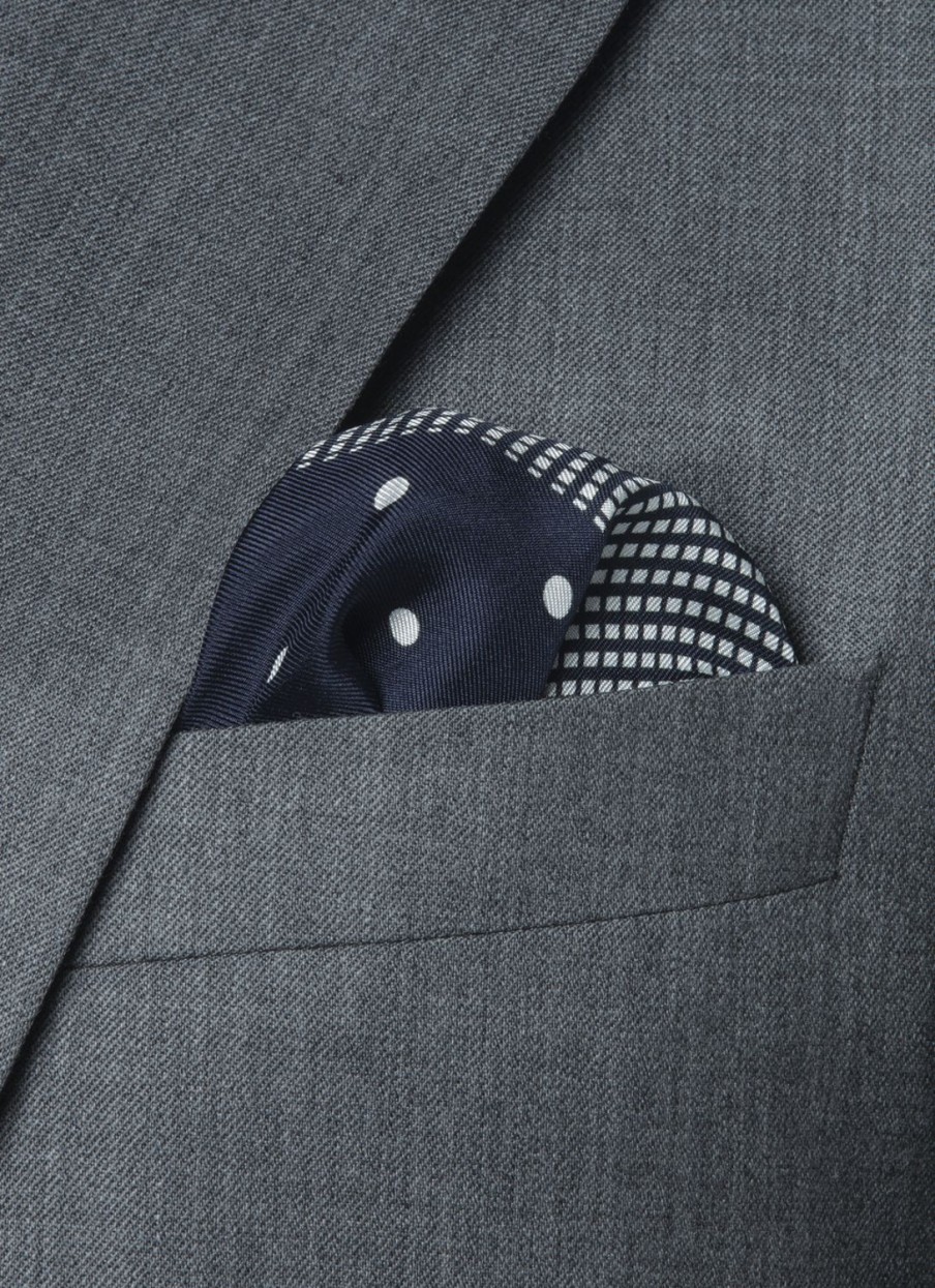 Ties | De Fursac Silk Pocket Square With Prints Navy Blue