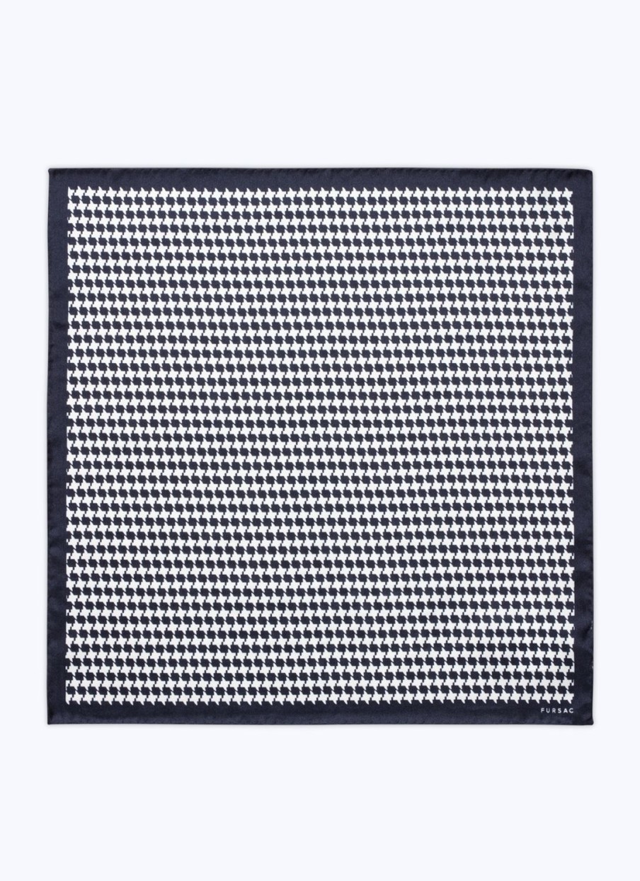 Pocket Squares | De Fursac Printed Silk Twill Pocket Square White And Navy Blue Houndstooth