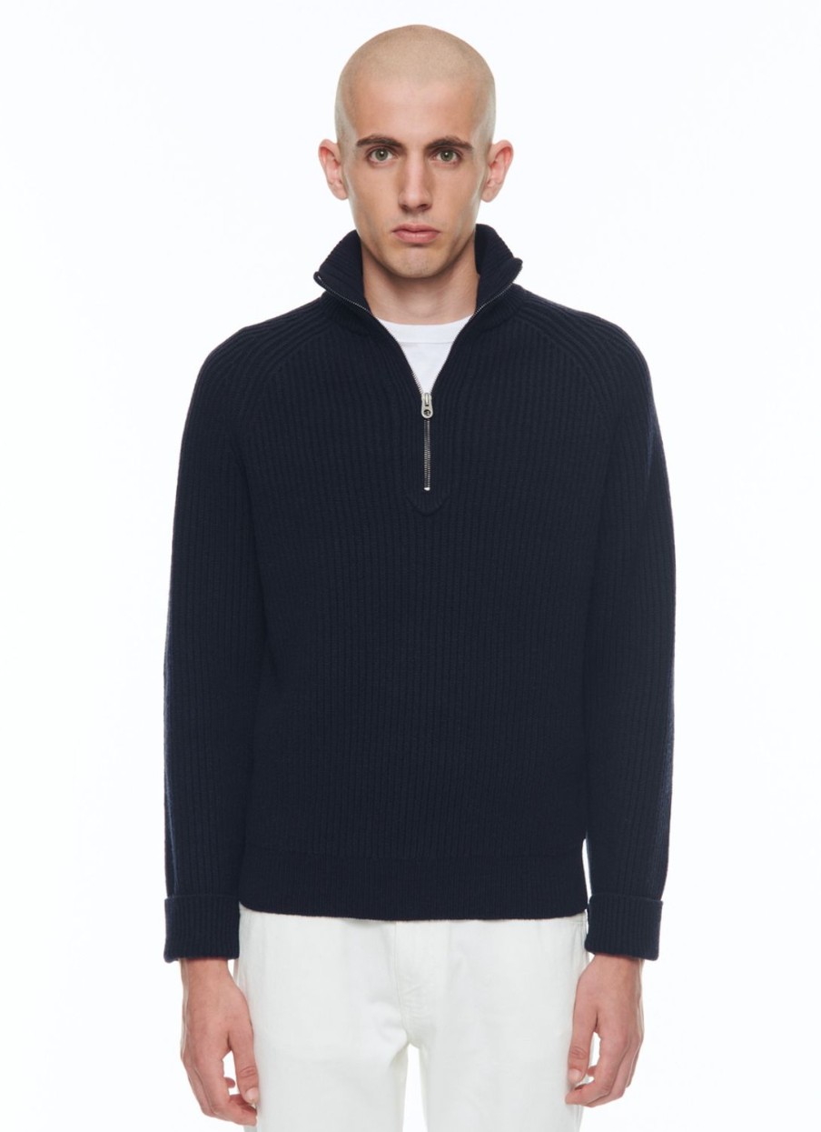 Sweaters | De Fursac Wool Ribbed Sweater With Zipped-Rollneck Navy Blue