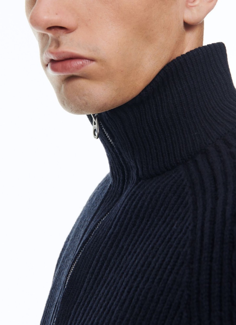 Sweaters | De Fursac Wool Ribbed Sweater With Zipped-Rollneck Navy Blue