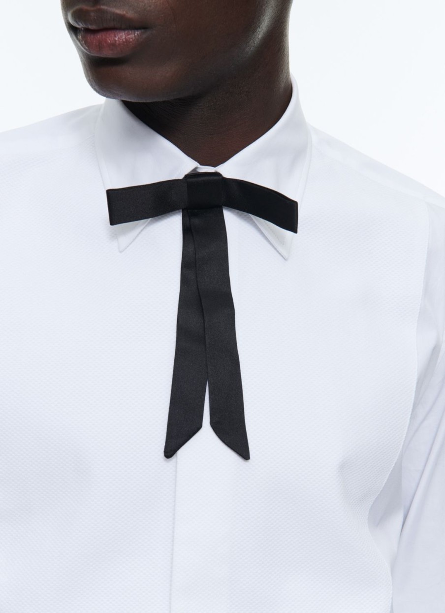 Others | De Fursac Silk Satin Long Bow Tie Black - Tone On Tone Tabby