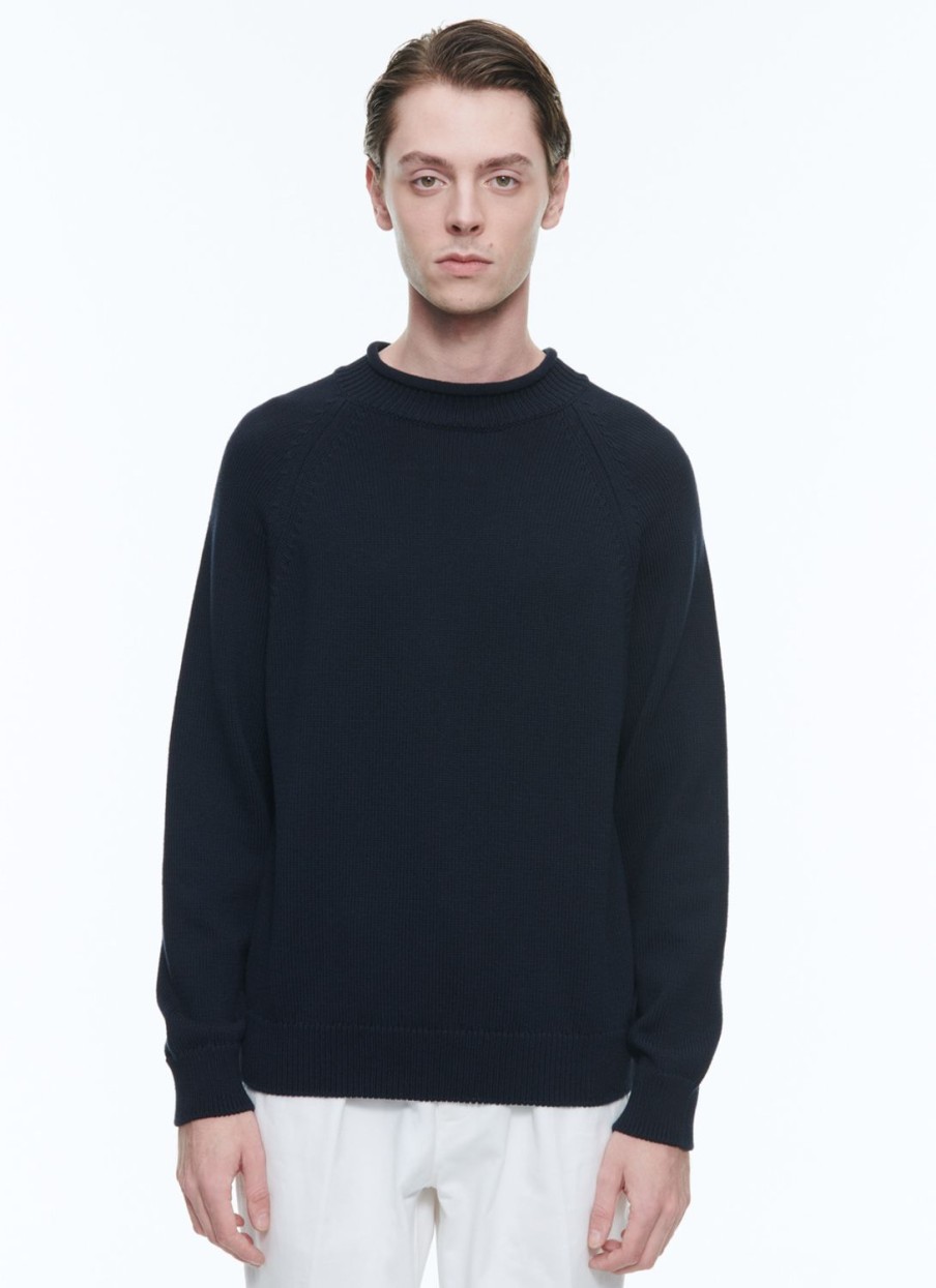 Sweaters | De Fursac Rolled Hem Collar Cotton Sweater Navy Blue