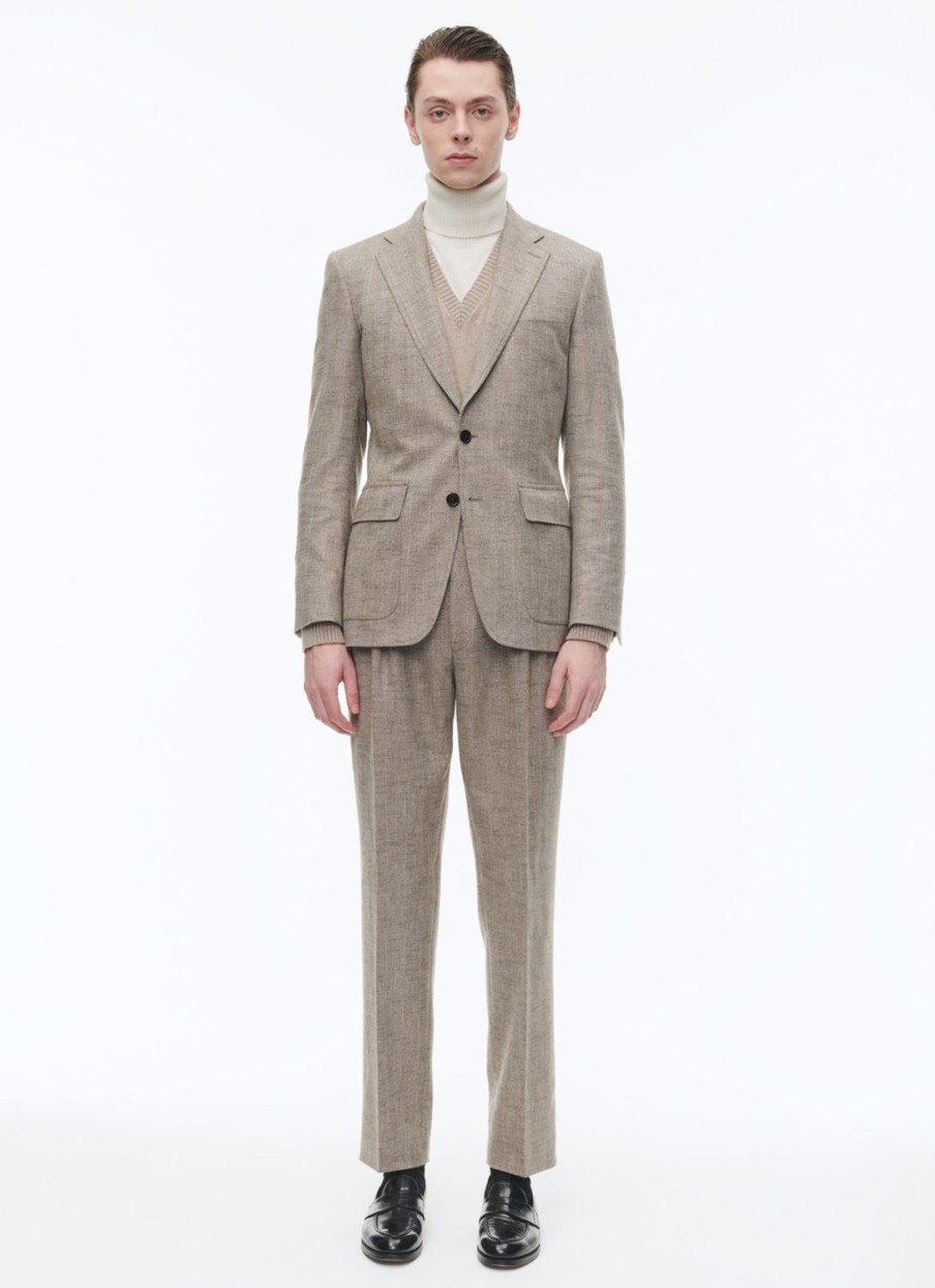 Suits | De Fursac Wool Fitted Suit With Herringbone String-Like Beige - Herringbone Pattern