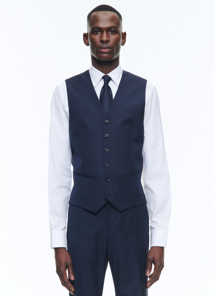 Suits | De Fursac Certified Wool Suit Waistcoat Navy Blue - Tone On Tone Stripes