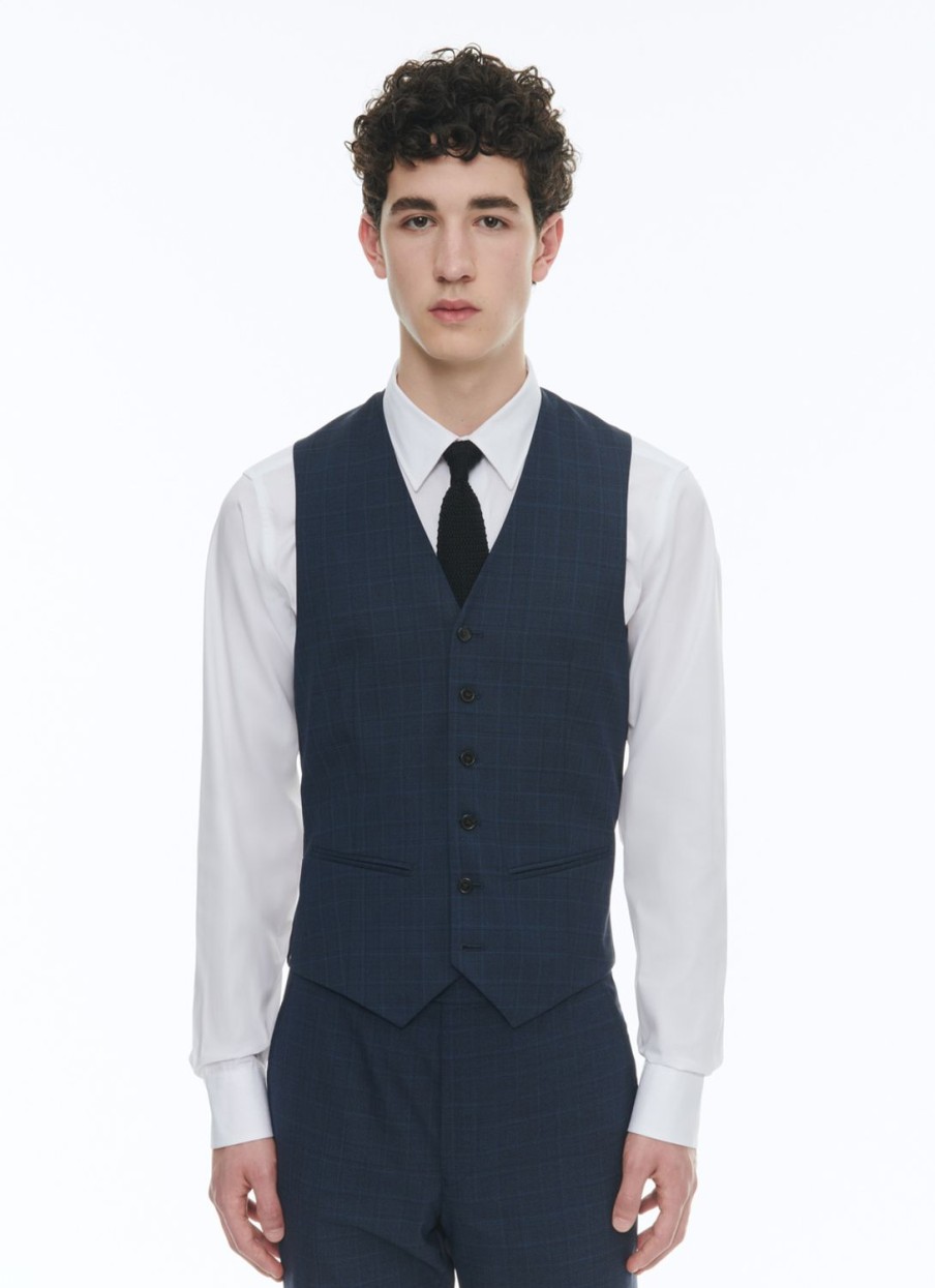 Suits | De Fursac Prince Of Wales Wool Canvas Waistcoat Navy Blue - Prince Of Wales Pattern