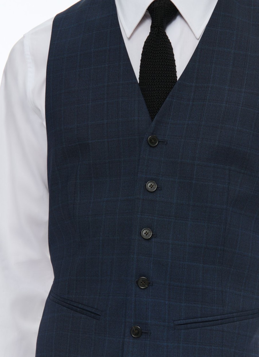 Suits | De Fursac Prince Of Wales Wool Canvas Waistcoat Navy Blue - Prince Of Wales Pattern