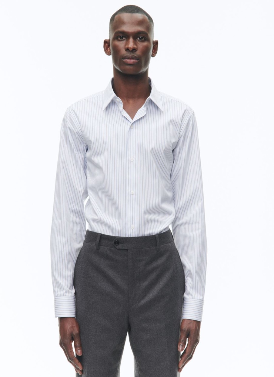 Shirts | De Fursac Cotton Shirt With Straight Collar White - Sky Blue And Black Irregular Stripes