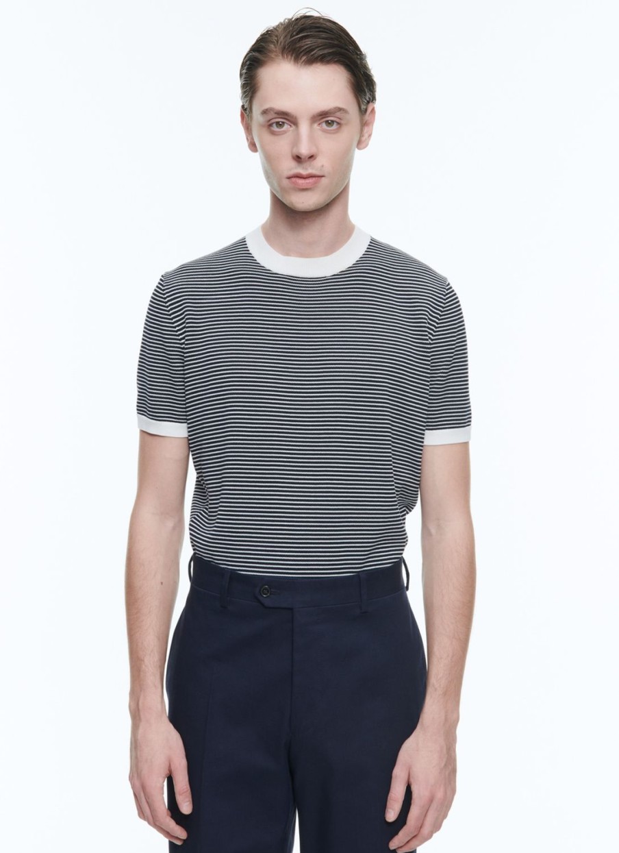 Polos & T-Shirts | De Fursac Striped Mercerized Cotton T-Shirt Ecru And Navy Blue Stripes