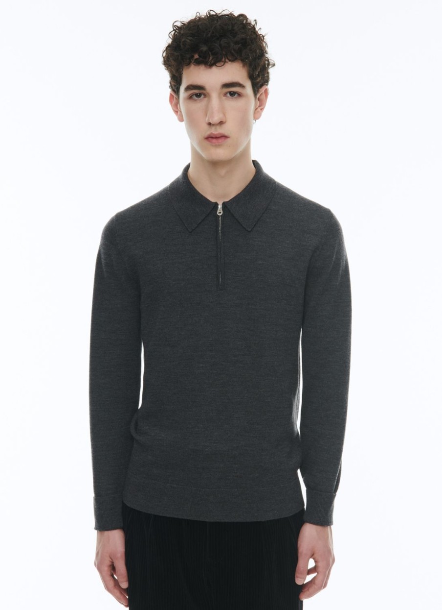 Polos & T-Shirts | De Fursac Wool Zipped Collar Polo Sweater Dark Flecked Grey