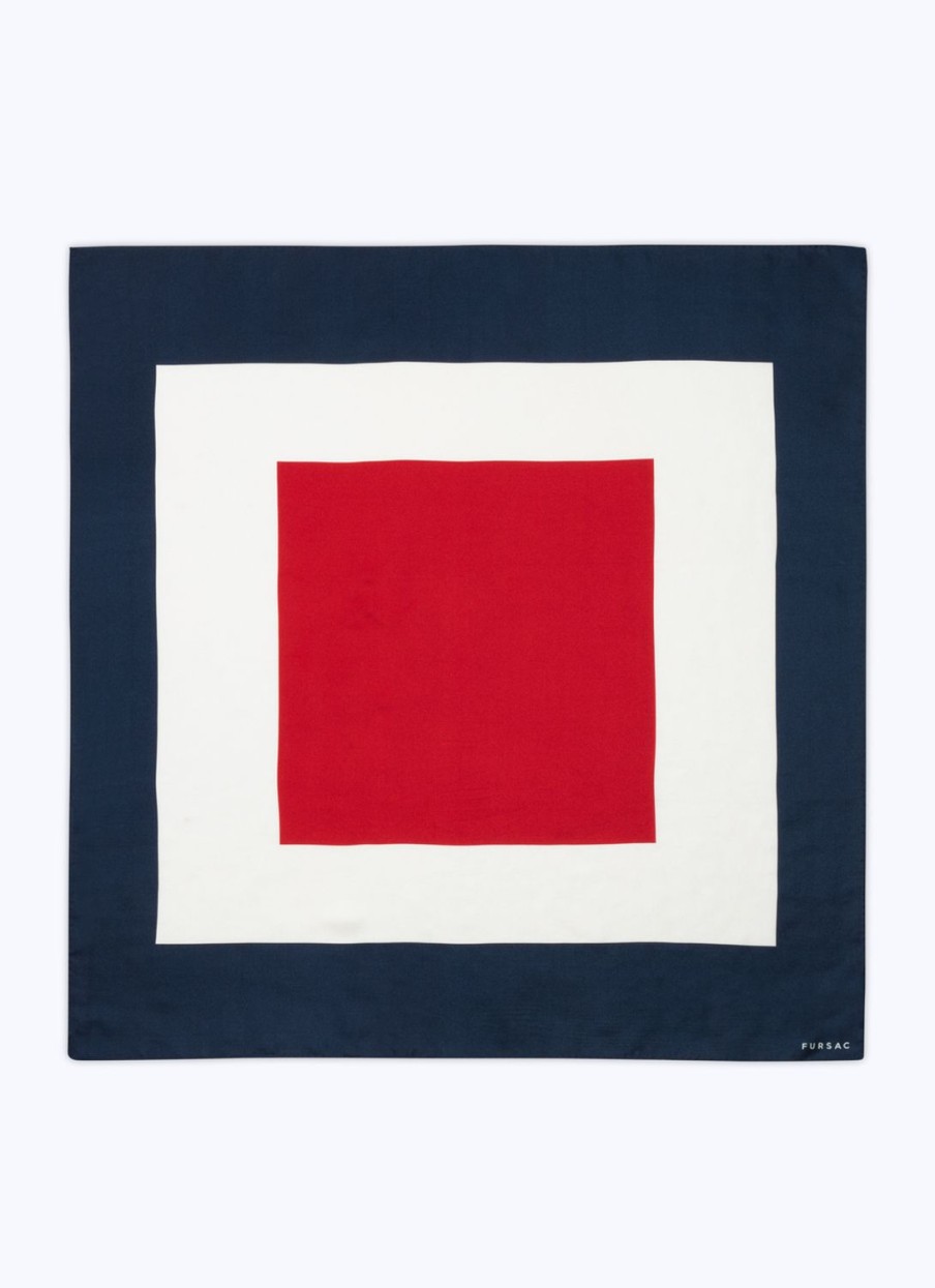 Scarves | De Fursac Silk Scarf With Geometrical Print White, Red And Navy Blue