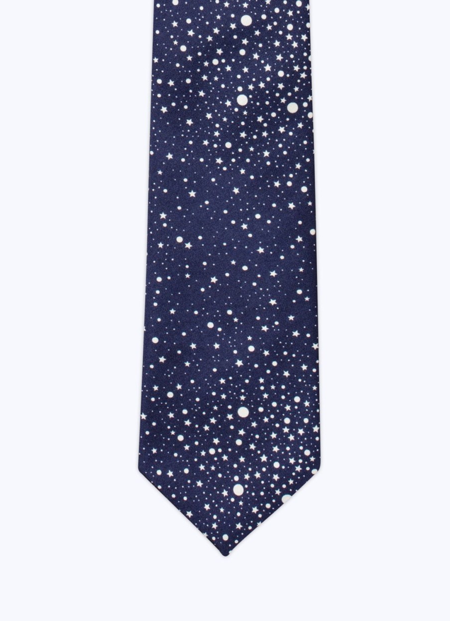 Ties | De Fursac Silk Satin Tie Navy Blue - Stars Print