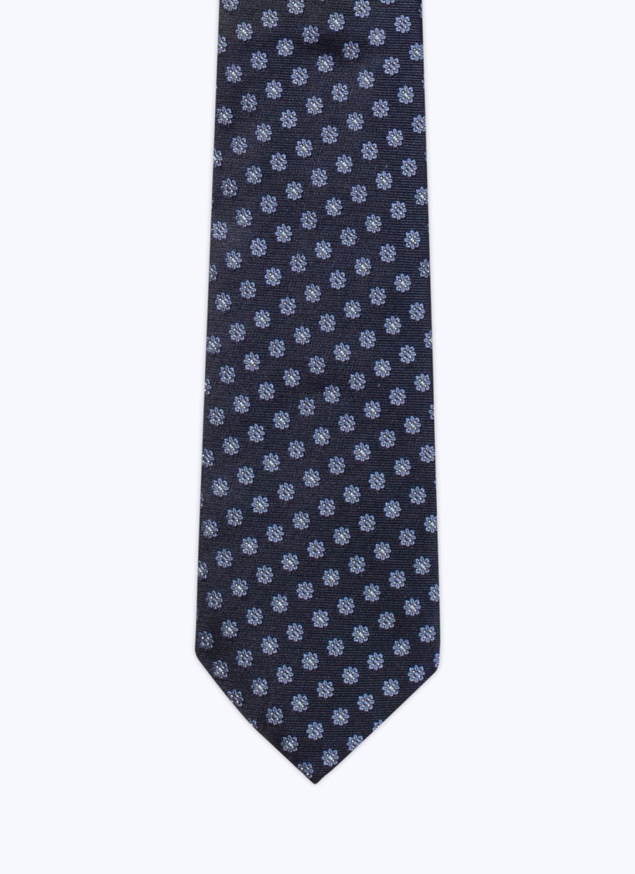 Ties | De Fursac Silk Jacquard Tie Navy Blue - Sky Blue Flowers Pattern