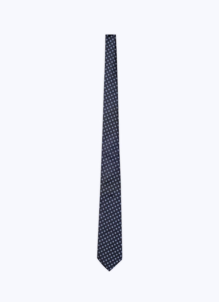 Ties | De Fursac Silk Jacquard Tie Navy Blue - Sky Blue Flowers Pattern