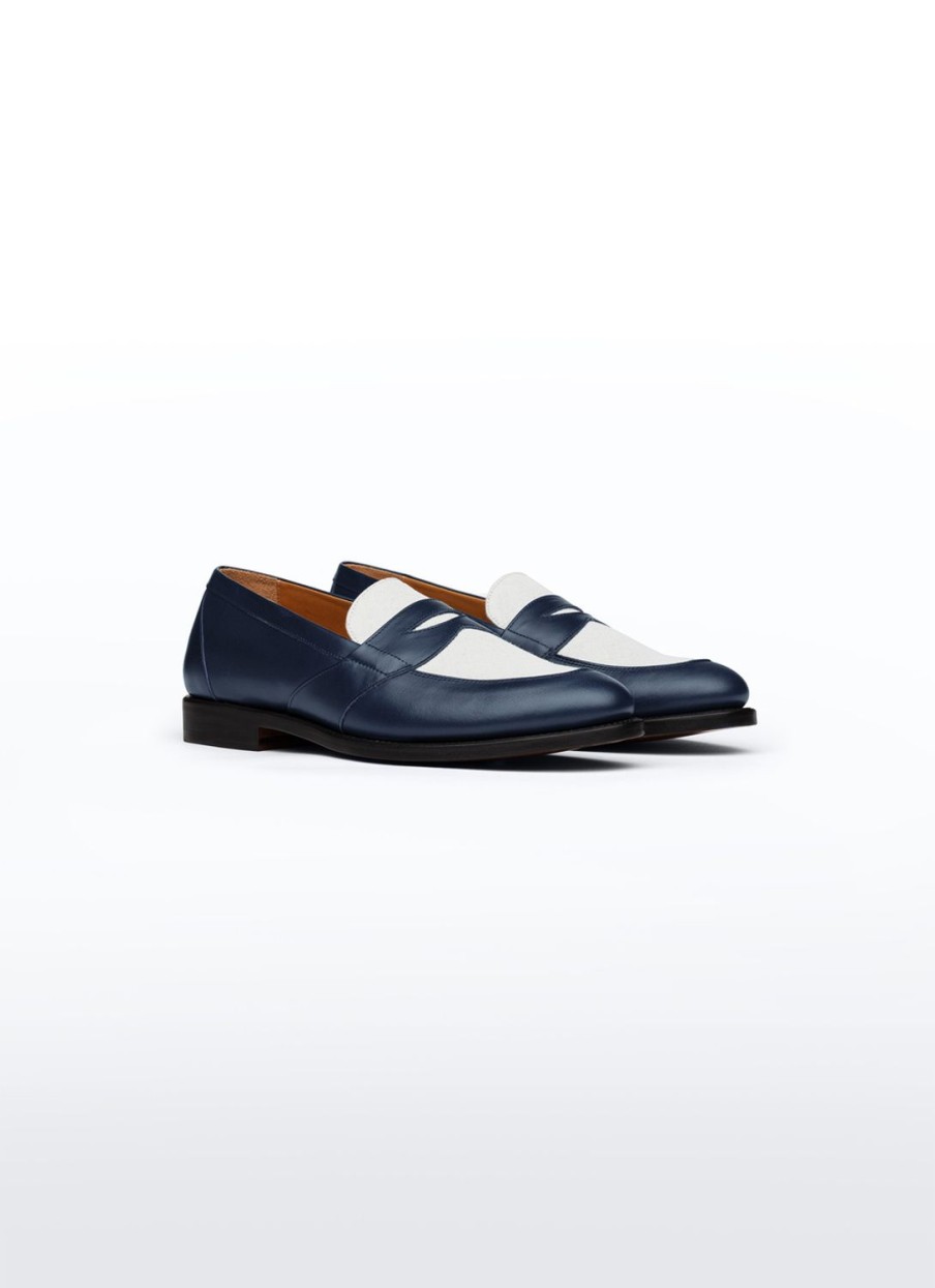 Shoes | De Fursac Two-Tone Leather And Linen Loafers Blue And Beige