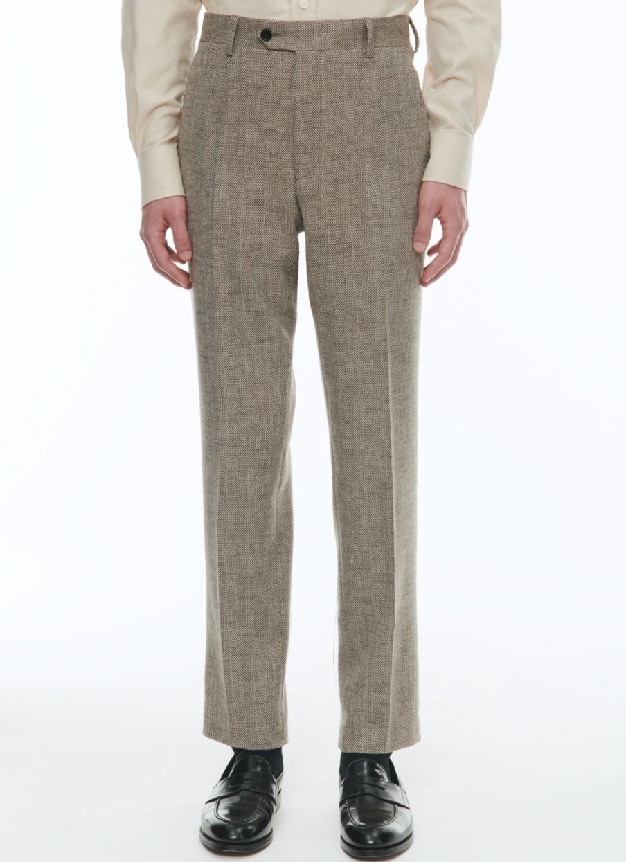 Trousers | De Fursac Wool Fitted Trousers With Herringbone String-Like Beige - Herringbone Pattern