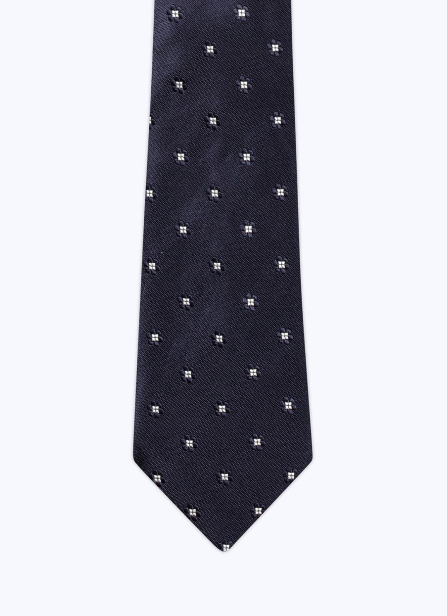 Ties | De Fursac Silk Satin Tie With Flowers Pattern Navy Blue - Flowers Jacquard Pattern