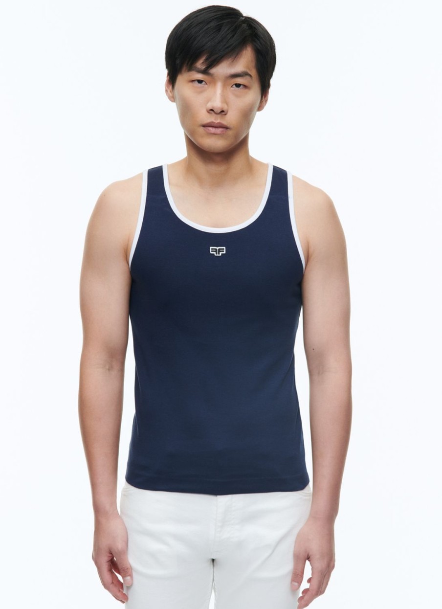 Polos & T-Shirts | De Fursac Organic Cotton Tank Top With Logo Navy Blue - White Hems