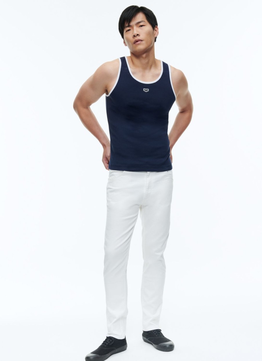 Polos & T-Shirts | De Fursac Organic Cotton Tank Top With Logo Navy Blue - White Hems