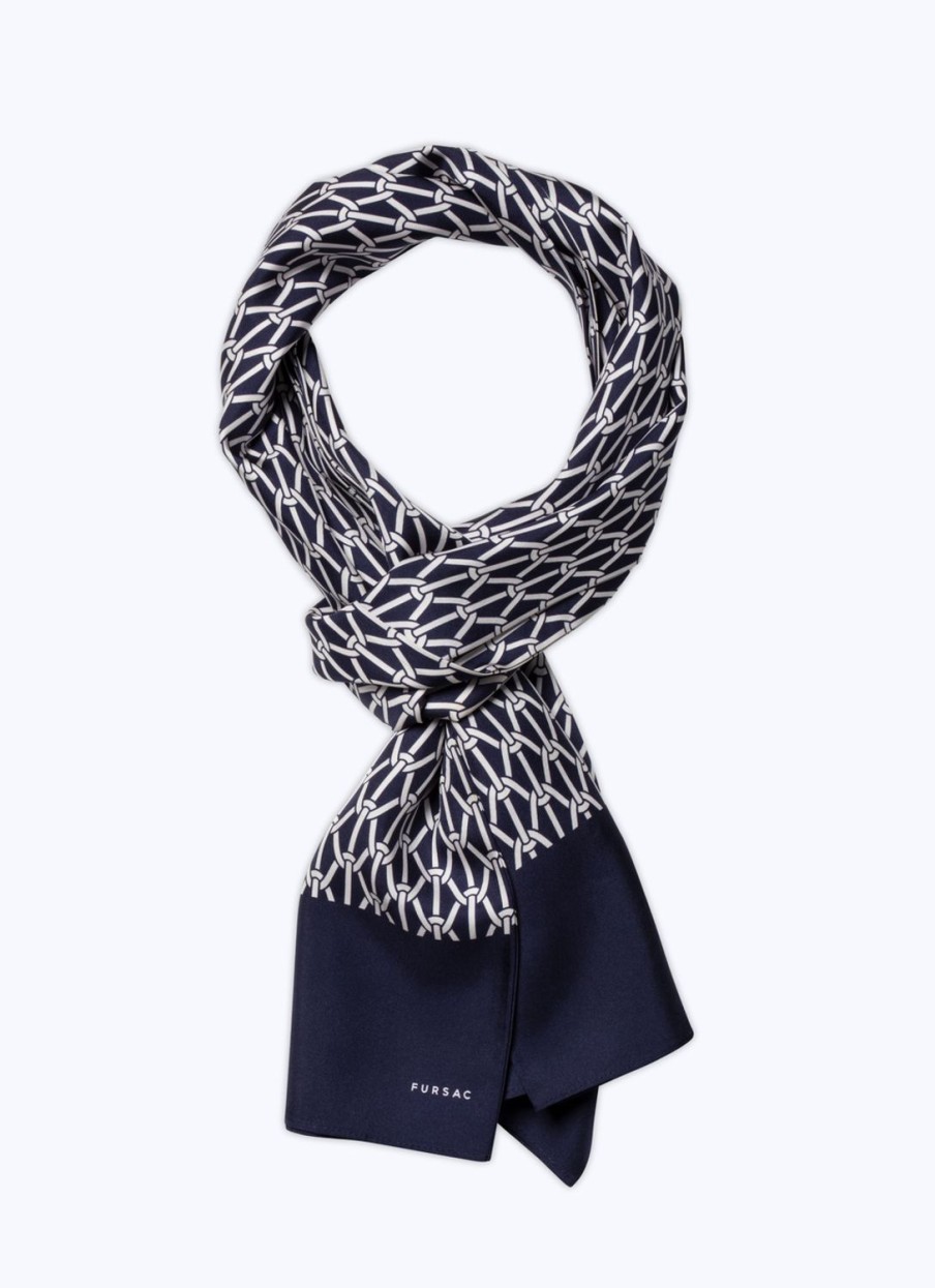 Scarves | De Fursac Silk Satin Scarf With Print Navy Blue - Sailor'S Ropes Print