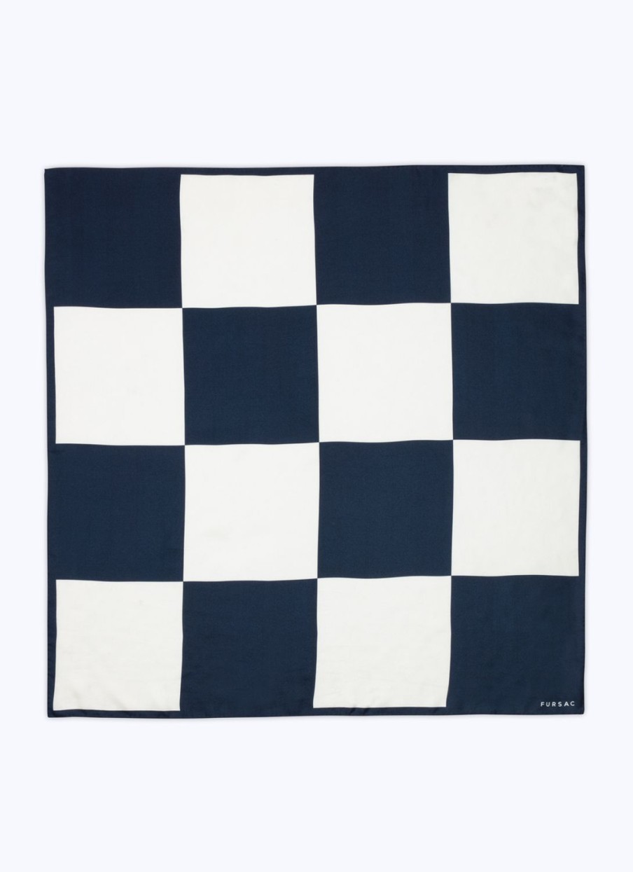 Scarves | De Fursac Silk Scarf With Checkerboard Print White And Navy Blue