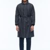 Outerwear | De Fursac Striped Serge Long Coat With Belt Navy Blue - Vertical Contrasted Stripes