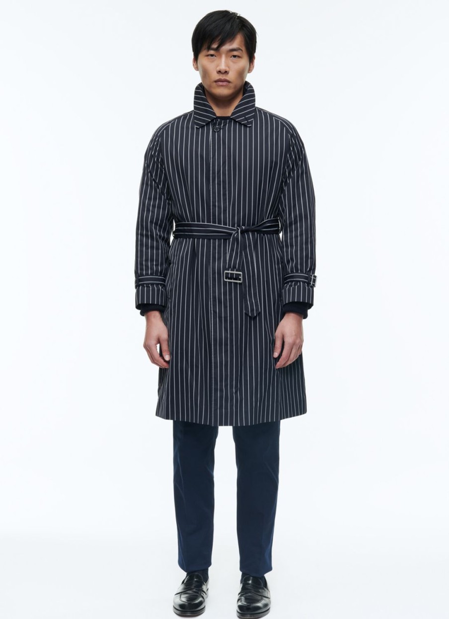 Outerwear | De Fursac Striped Serge Long Coat With Belt Navy Blue - Vertical Contrasted Stripes