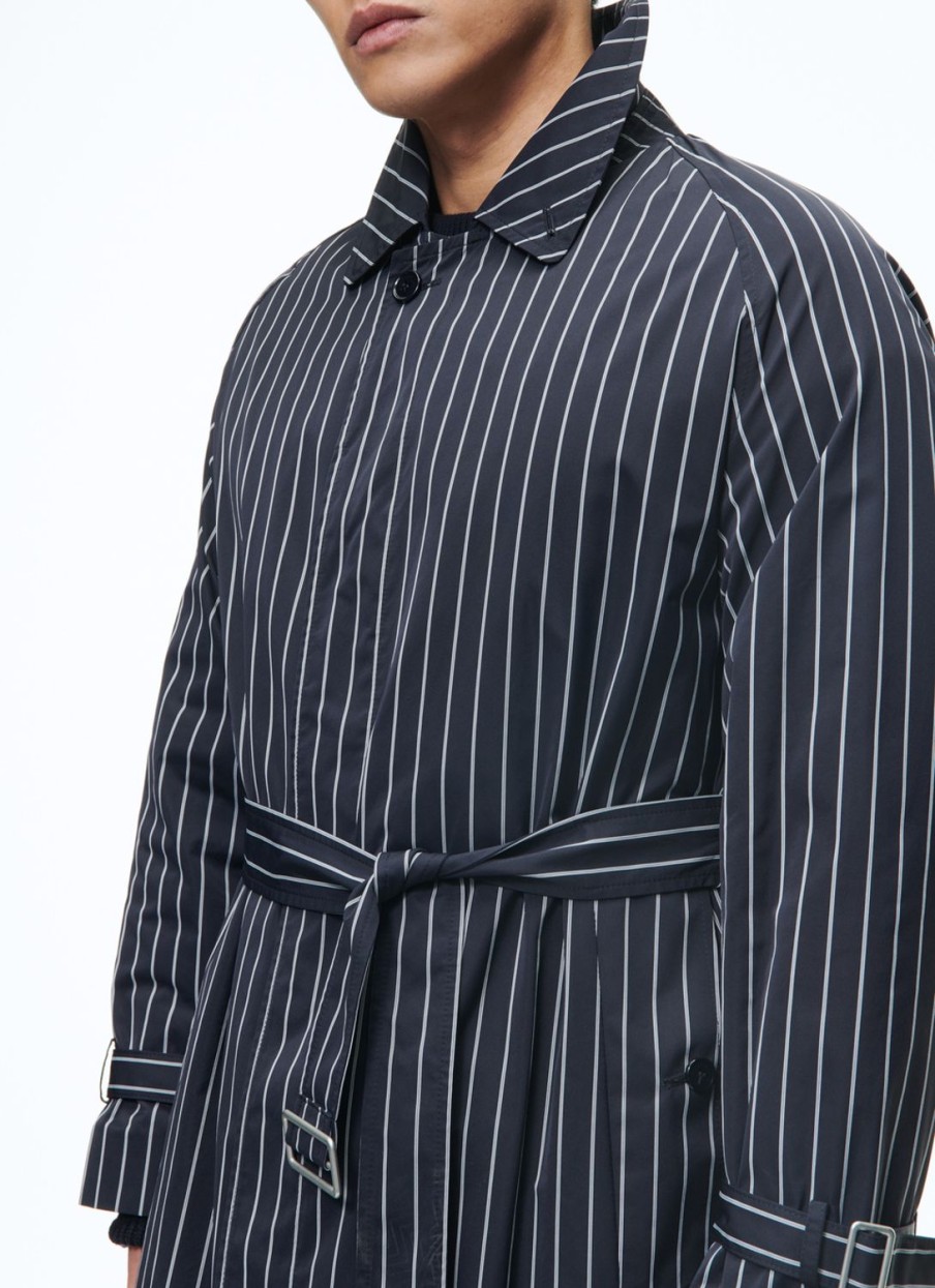 Outerwear | De Fursac Striped Serge Long Coat With Belt Navy Blue - Vertical Contrasted Stripes