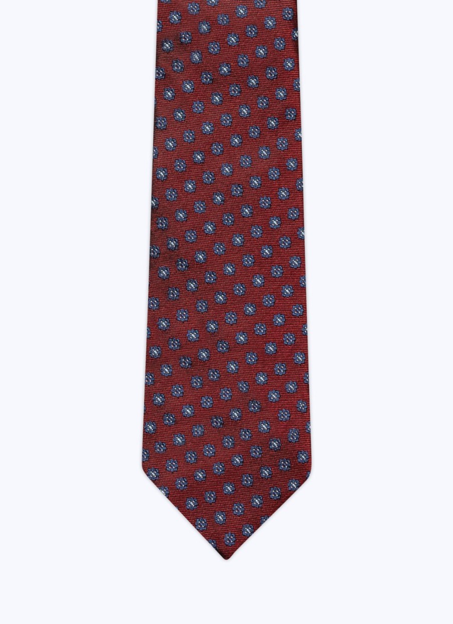 Ties | De Fursac Silk Satin Tie With Flowers Pattern Burgundy - Flower Pattern