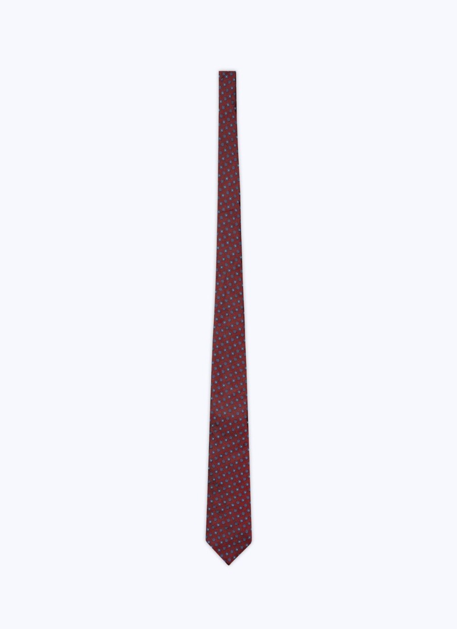 Ties | De Fursac Silk Satin Tie With Flowers Pattern Burgundy - Flower Pattern